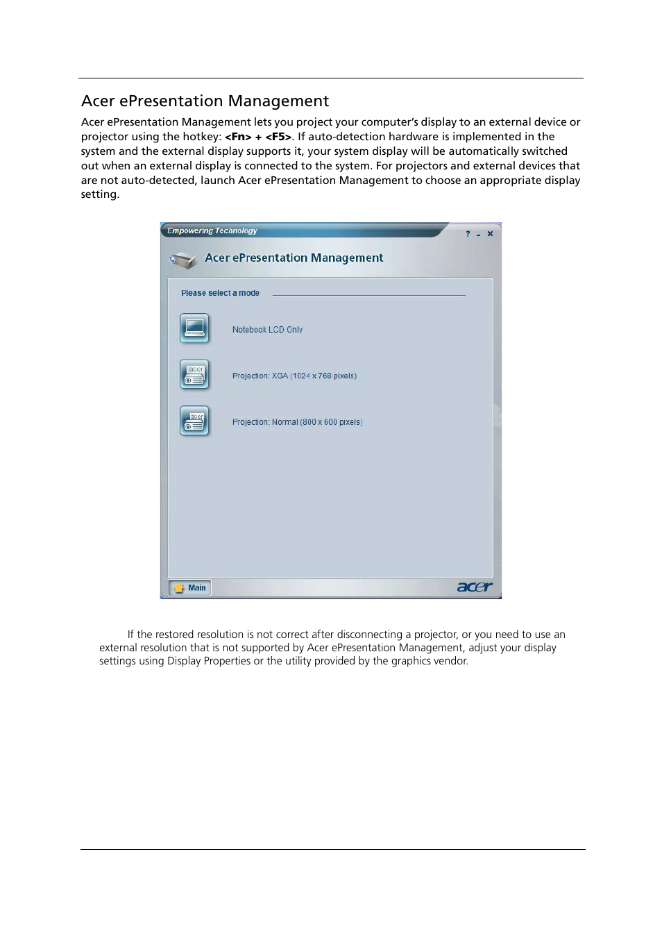 Acer epresentation management | Acer 1000 User Manual | Page 45 / 122