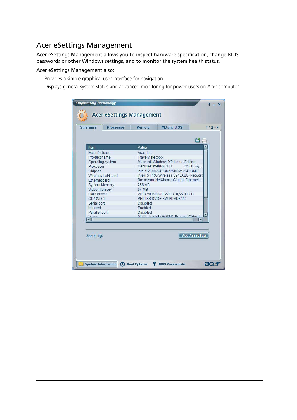 Acer esettings management | Acer 1000 User Manual | Page 49 / 122