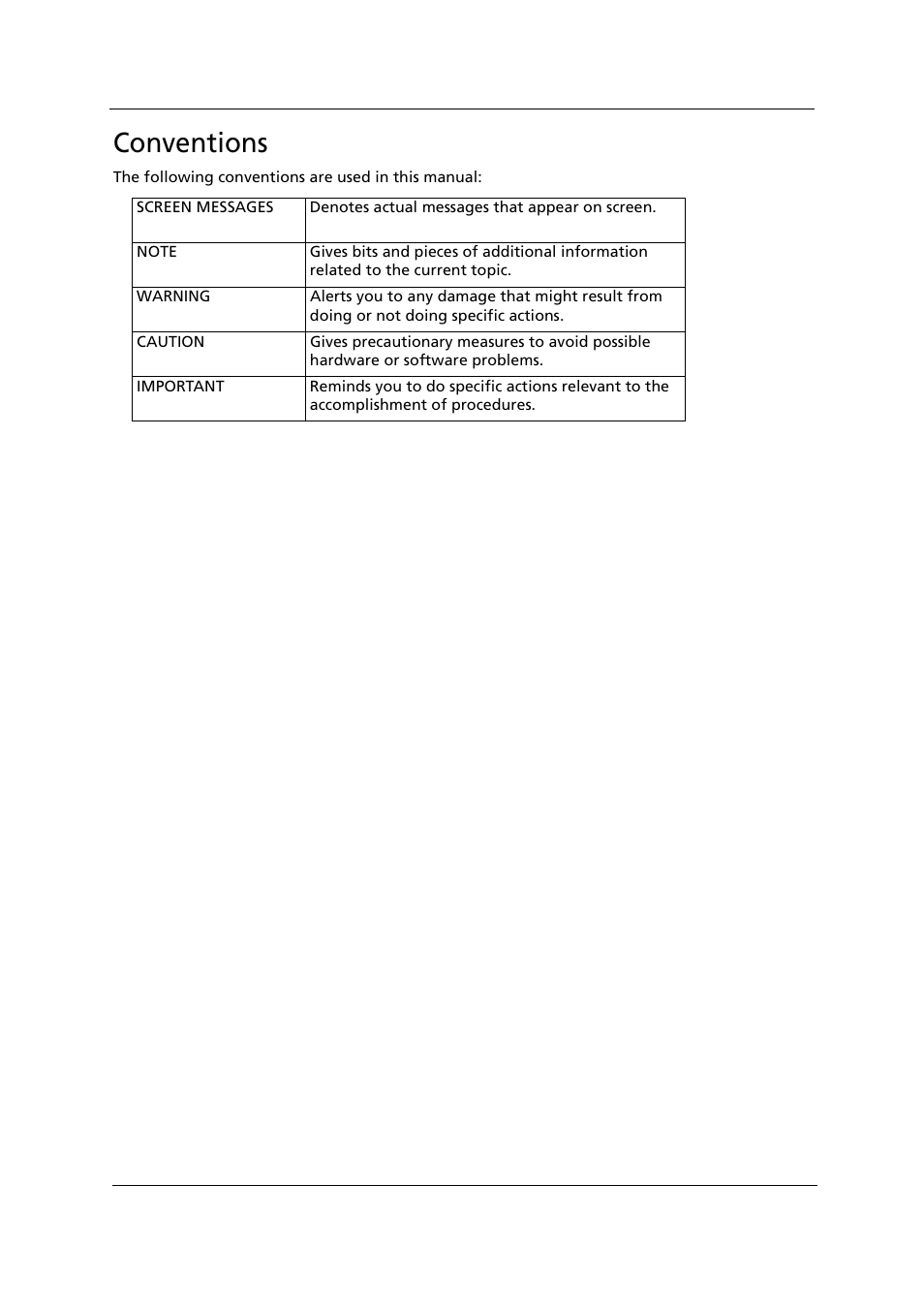 Conventions | Acer 1000 User Manual | Page 5 / 122