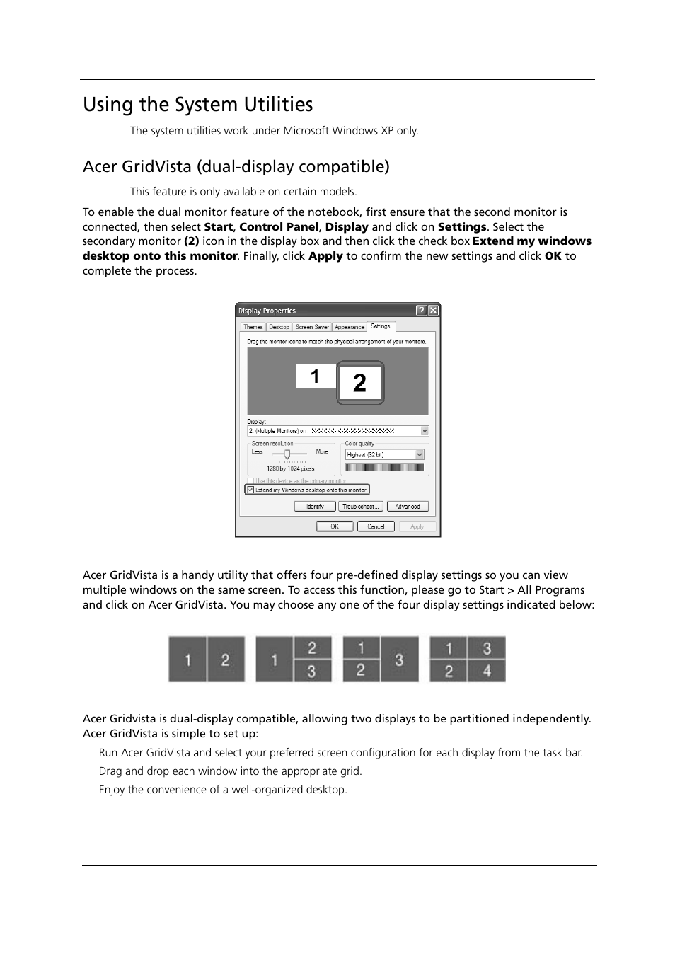 Using the system utilities, Acer gridvista (dual-display compatible) | Acer 1000 User Manual | Page 51 / 122