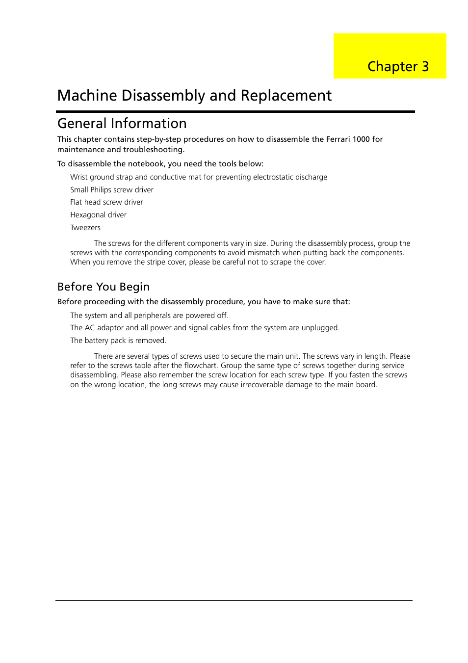 General information, Before you begin, Machine disassembly and replacement | Chapter 3 | Acer 1000 User Manual | Page 76 / 122