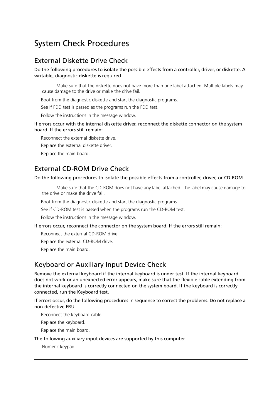 System check procedures, External diskette drive check, External cd-rom drive check | Keyboard or auxiliary input device check, Upper side | Acer 1000 User Manual | Page 90 / 122