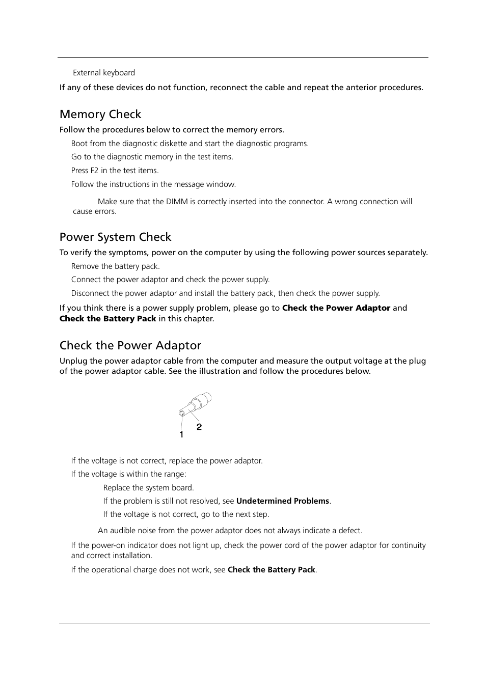 Memory check, Power system check, Check the power adaptor | Acer 1000 User Manual | Page 91 / 122