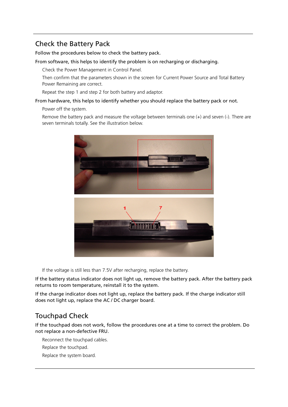 Check the battery pack, Touchpad check | Acer 1000 User Manual | Page 92 / 122