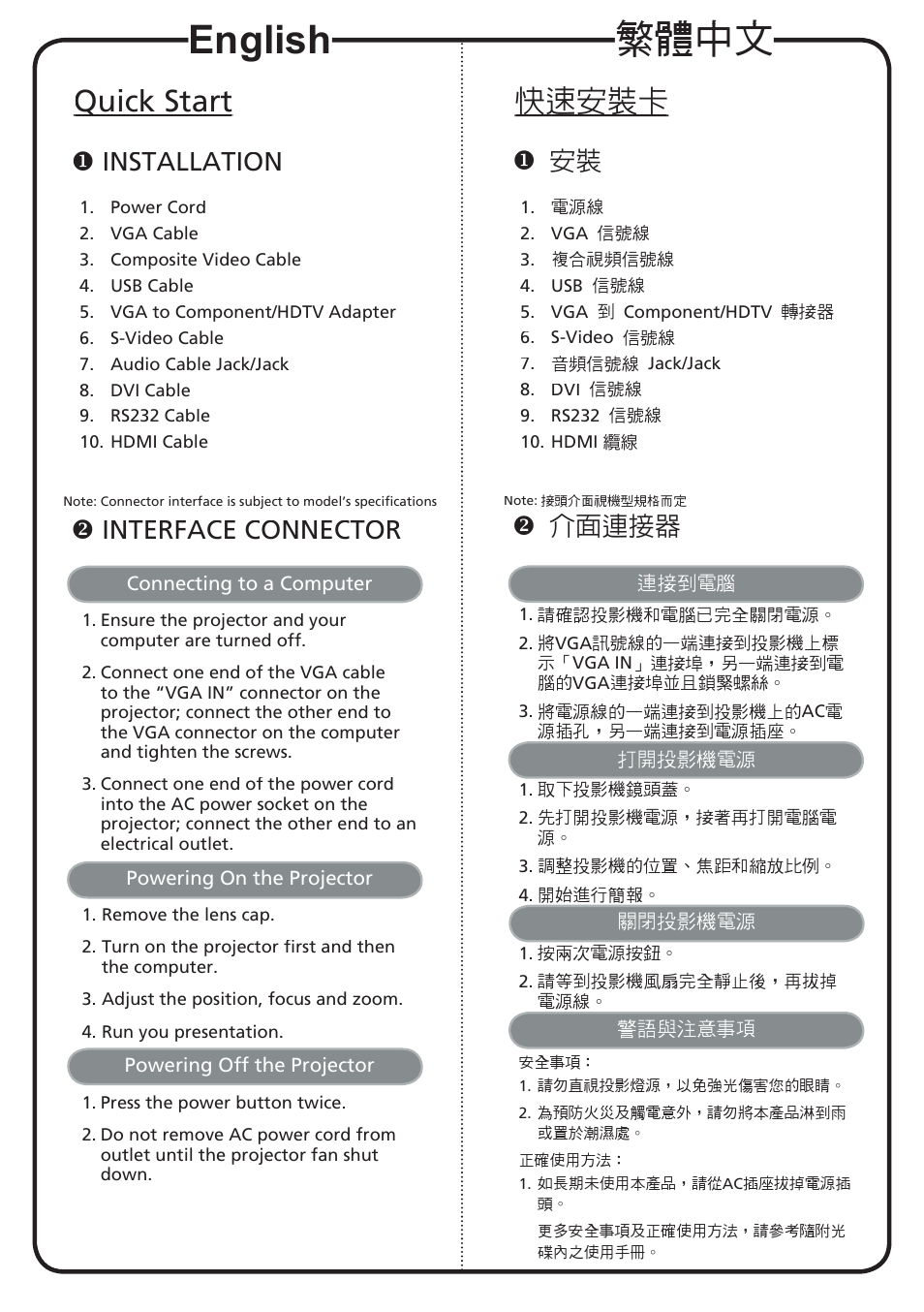 繁體中文, English, 快速安裝卡 | Quick start, 介面連接器, Installation, Interface connector | Acer P5000 Series User Manual | Page 2 / 2