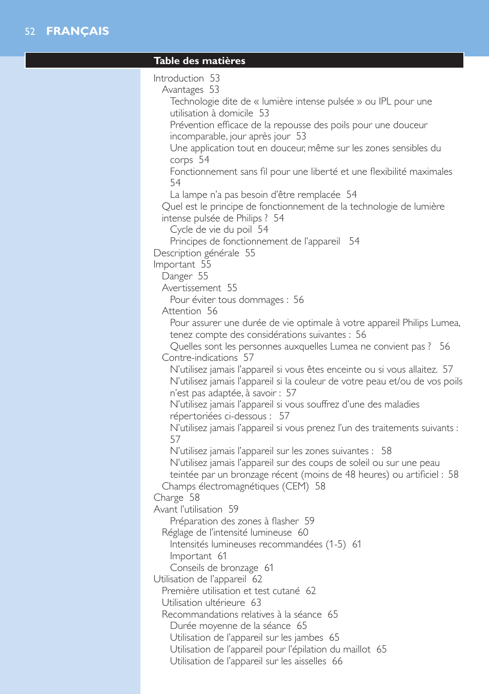 Français, Français 52 | Philips Lumea IPL Haarentfernungssystem User Manual | Page 52 / 102