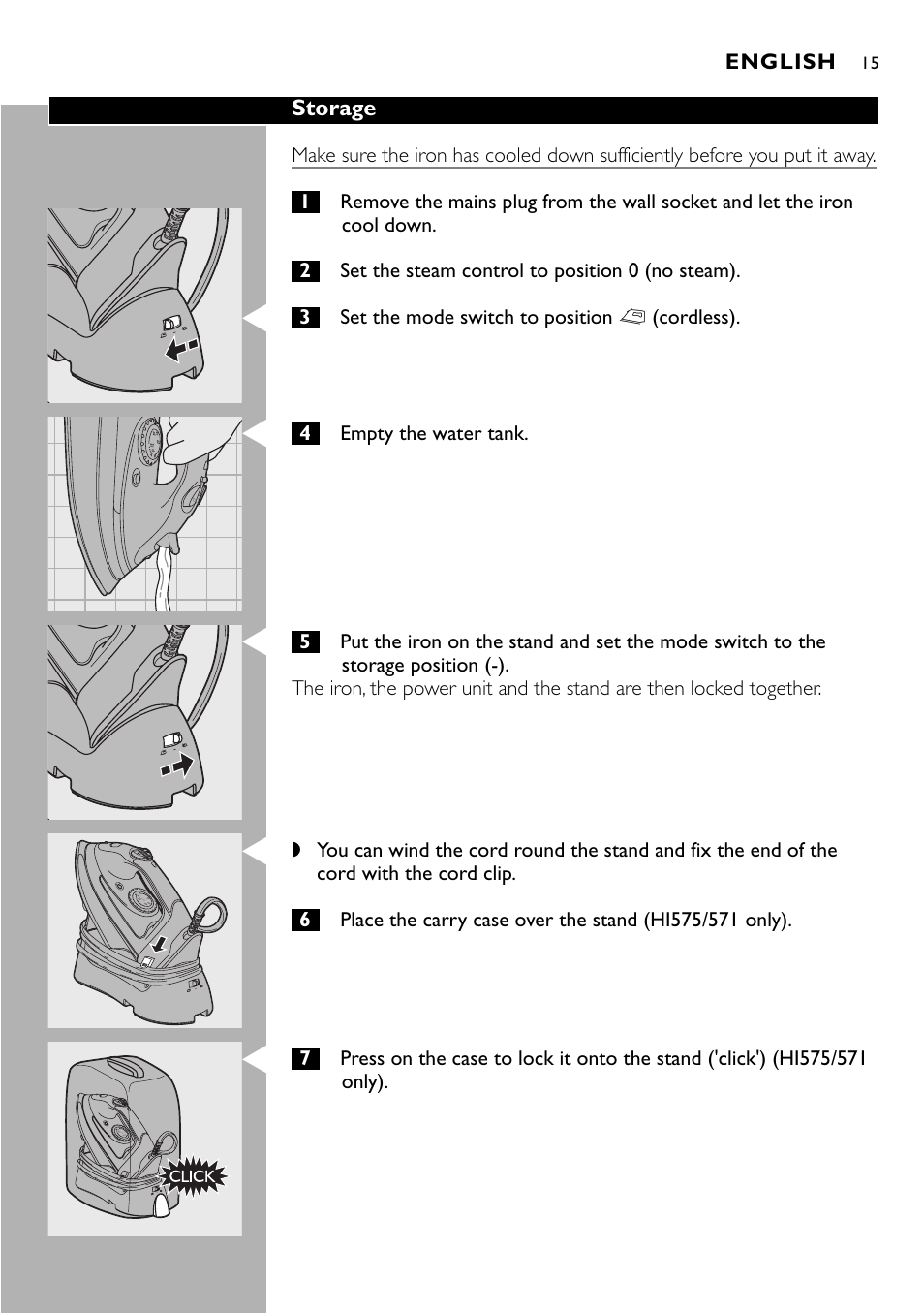 Storage, English | Philips Kabelloses Dampfbügeleisen User Manual | Page 15 / 90