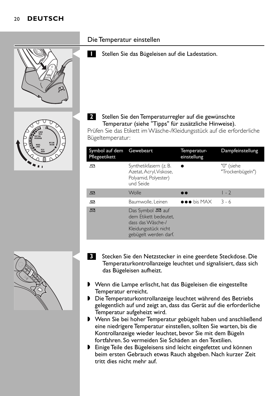 Die temperatur einstellen | Philips Kabelloses Dampfbügeleisen User Manual | Page 20 / 90