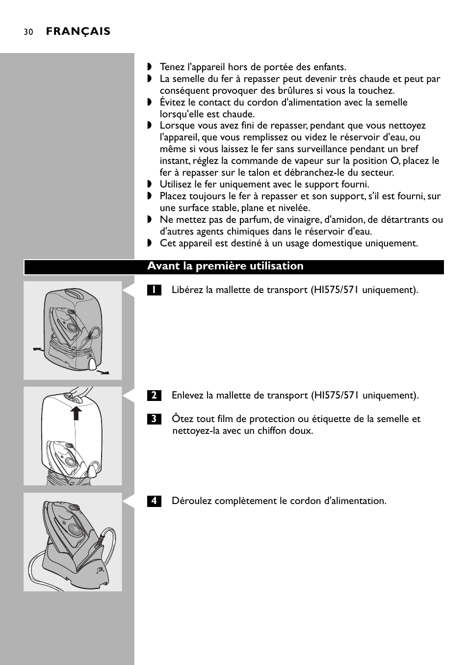 Avant la première utilisation, Français, 4déroulez complètement le cordon d'alimentation | Philips Kabelloses Dampfbügeleisen User Manual | Page 30 / 90