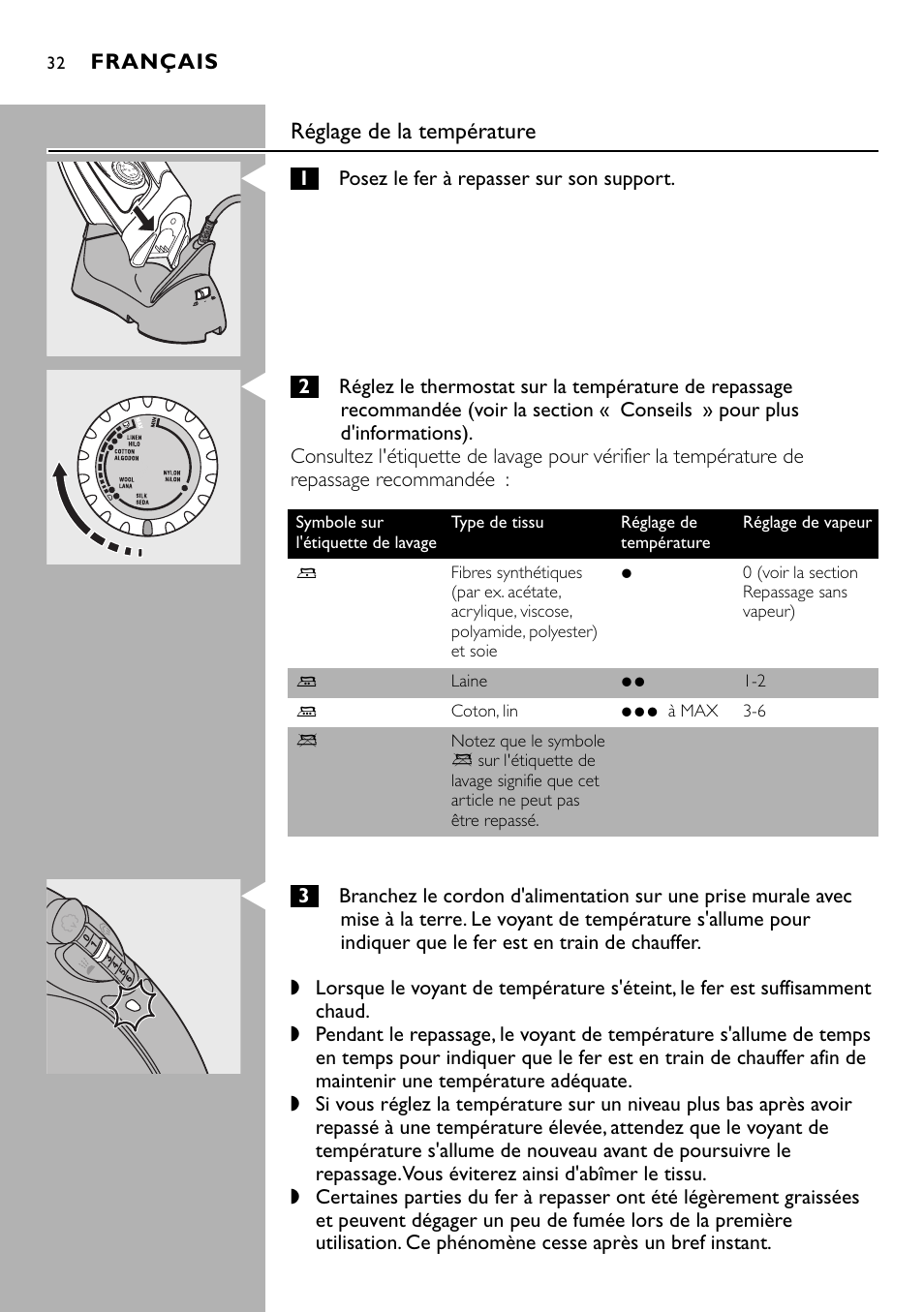 Réglage de la température | Philips Kabelloses Dampfbügeleisen User Manual | Page 32 / 90