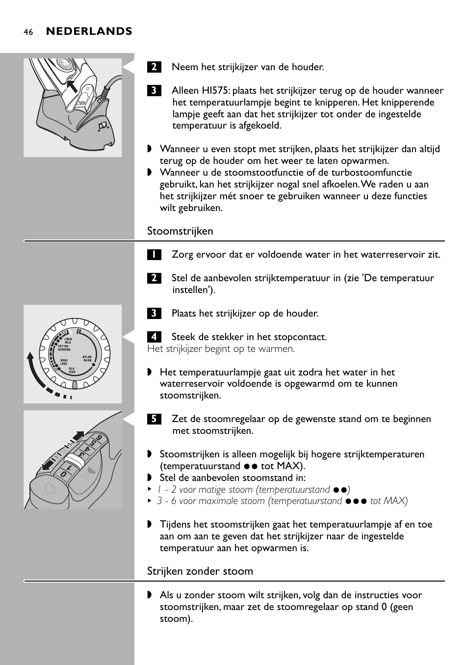 Stoomstrijken, Strijken zonder stoom | Philips Kabelloses Dampfbügeleisen User Manual | Page 46 / 90