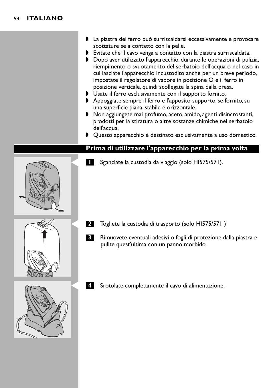 Italiano, 4srotolate completamente il cavo di alimentazione | Philips Kabelloses Dampfbügeleisen User Manual | Page 54 / 90