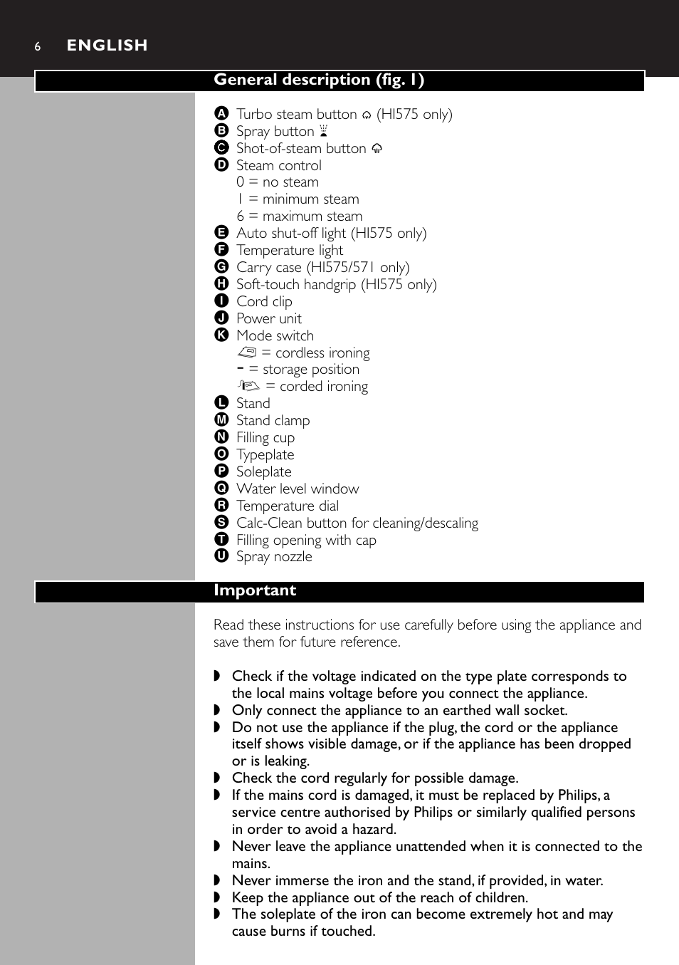 English 6 | Philips Kabelloses Dampfbügeleisen User Manual | Page 6 / 90
