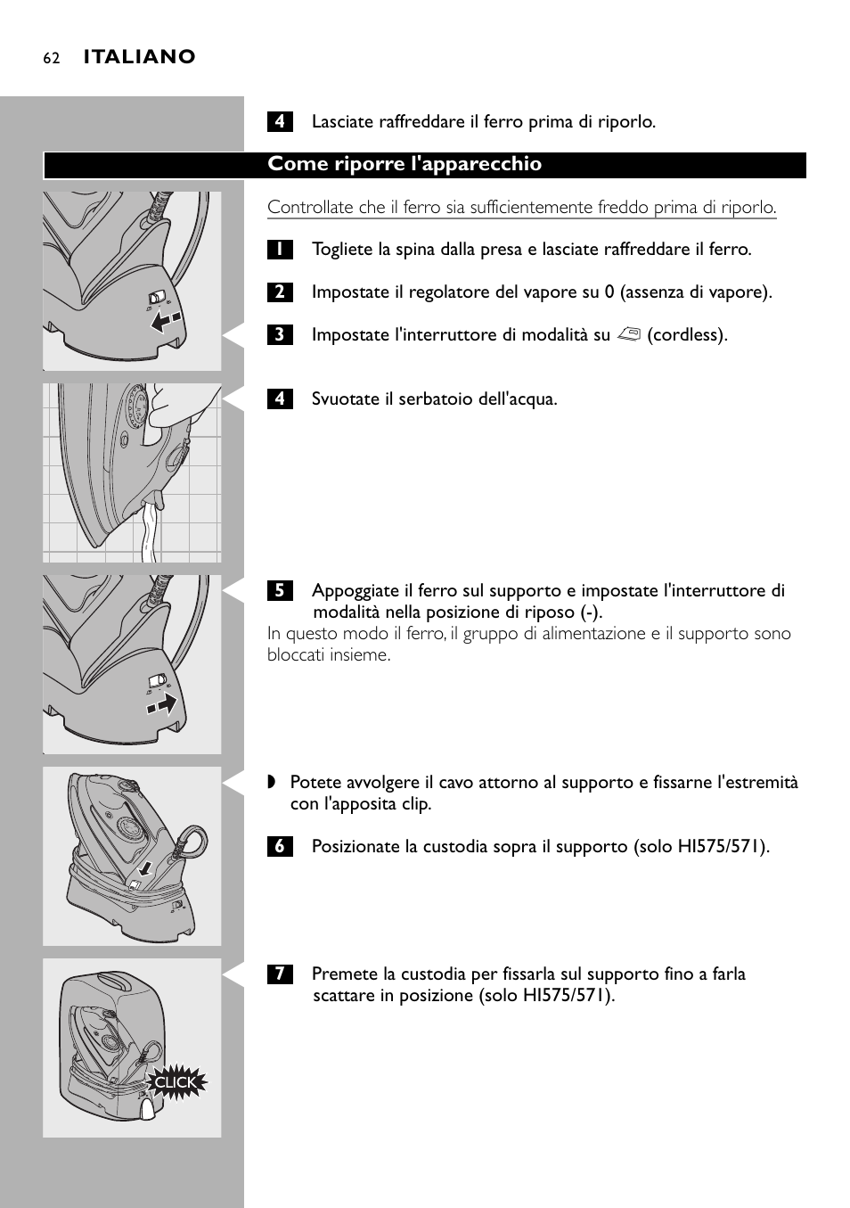 Come riporre l'apparecchio, Italiano | Philips Kabelloses Dampfbügeleisen User Manual | Page 62 / 90