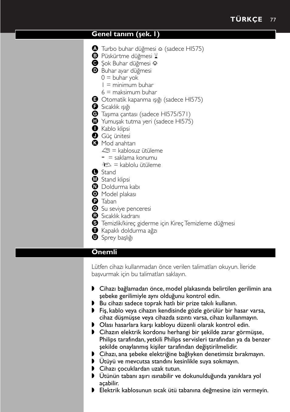 Türkçe 77 | Philips Kabelloses Dampfbügeleisen User Manual | Page 77 / 90