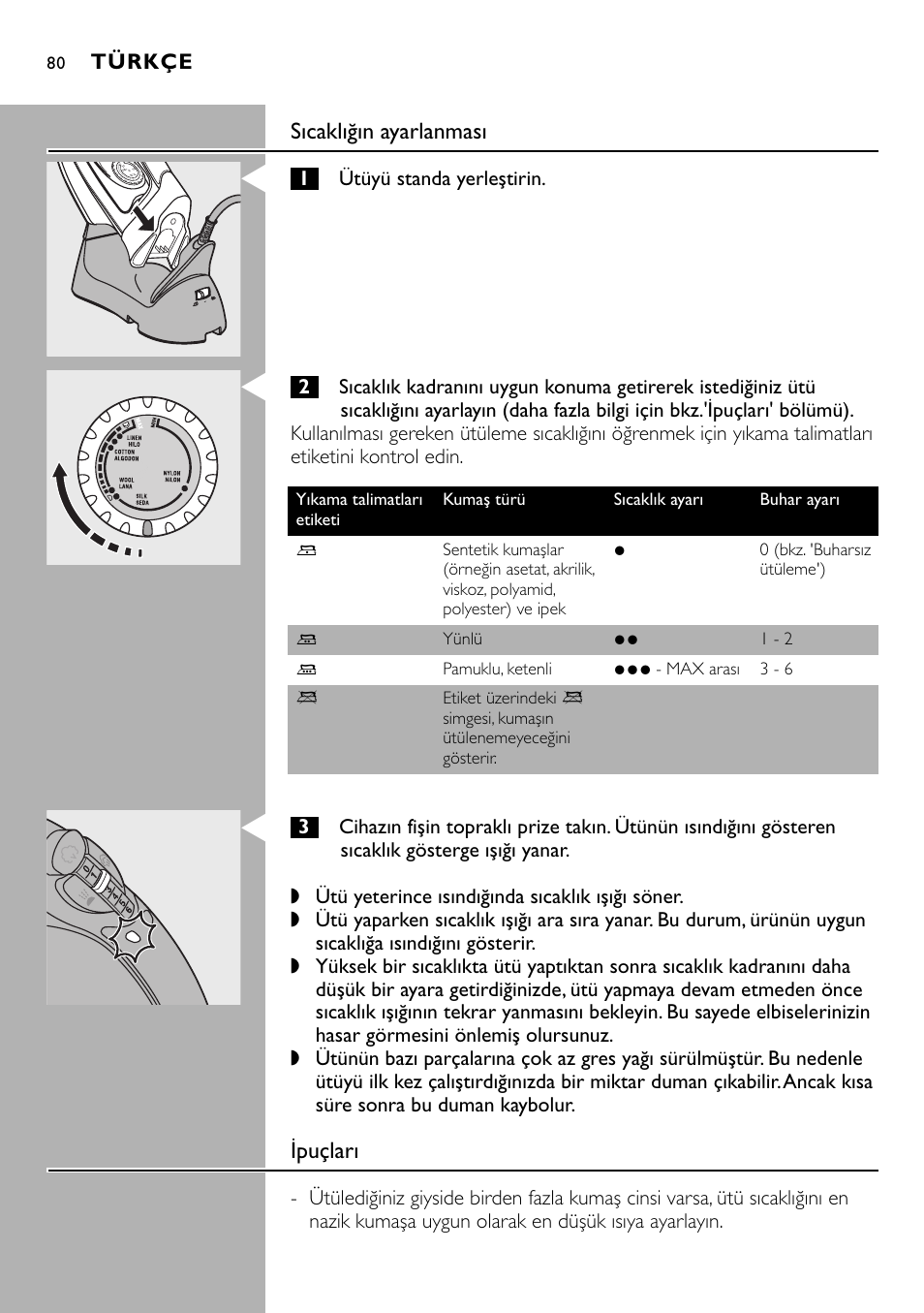 Sıcaklığın ayarlanması, Ipuçları | Philips Kabelloses Dampfbügeleisen User Manual | Page 80 / 90