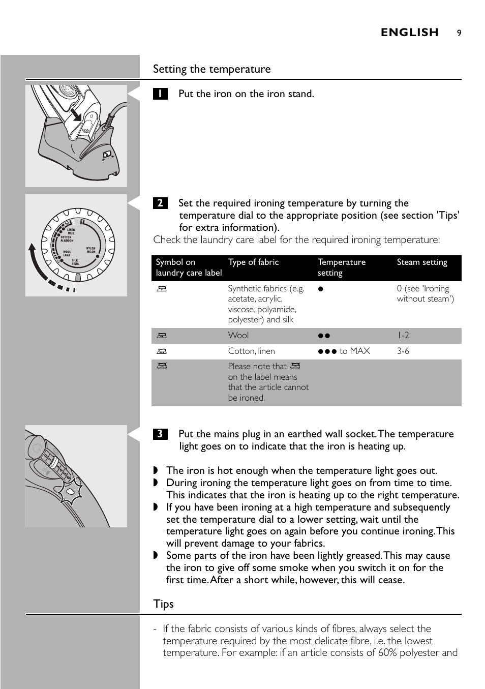 Setting the temperature, Tips | Philips Kabelloses Dampfbügeleisen User Manual | Page 9 / 90