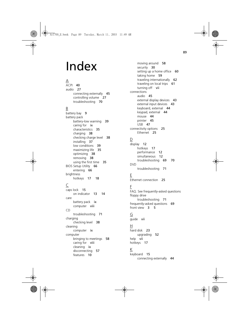 Index | Acer 1700 User Manual | Page 100 / 103