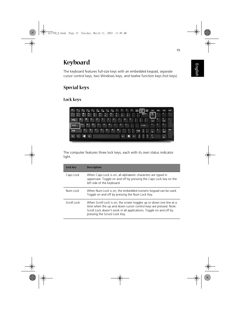 Keyboard, Special keys, Lock keys | Acer 1700 User Manual | Page 25 / 103