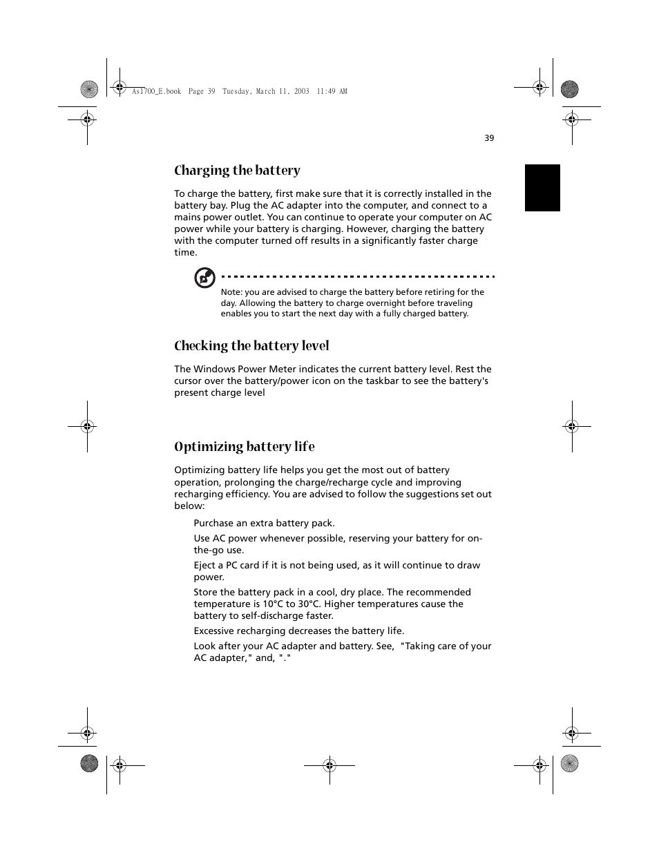 Charging the battery, Checking the battery level, Optimizing battery life | Acer 1700 User Manual | Page 49 / 103