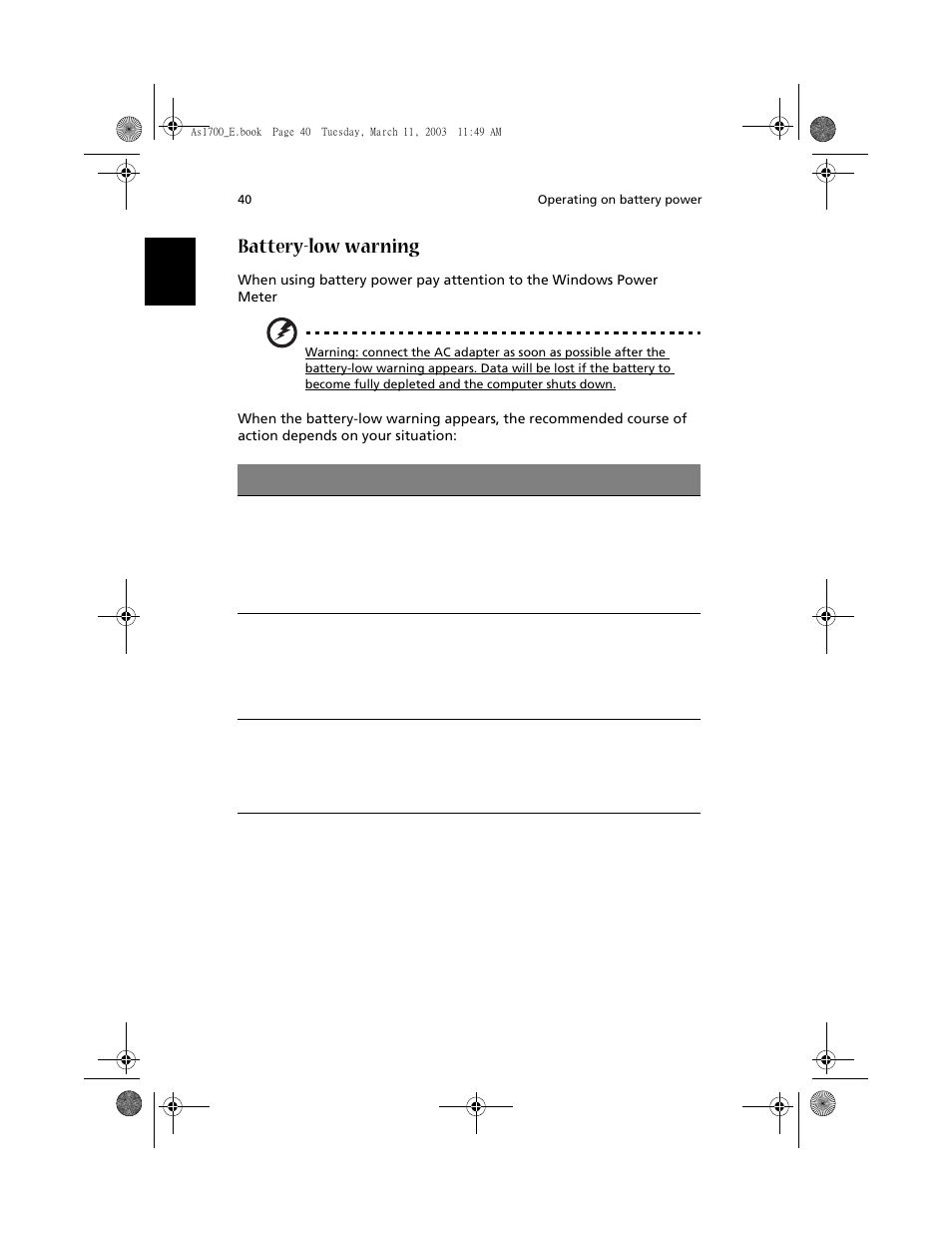 Battery-low warning | Acer 1700 User Manual | Page 50 / 103