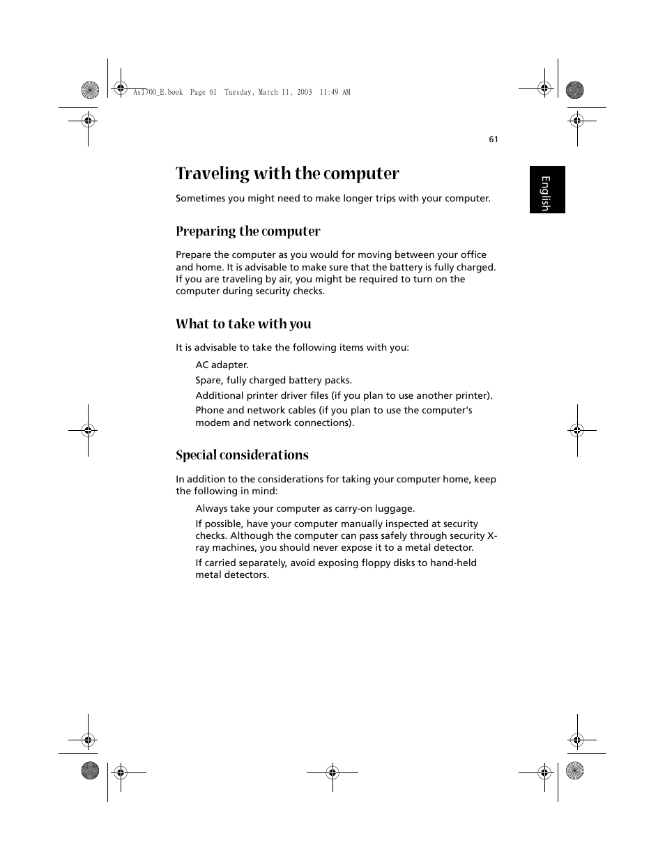 Traveling with the computer, Preparing the computer, What to take with you | Special considerations | Acer 1700 User Manual | Page 72 / 103