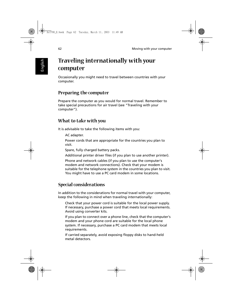 Traveling internationally with your computer, Preparing the computer, What to take with you | Special considerations | Acer 1700 User Manual | Page 73 / 103