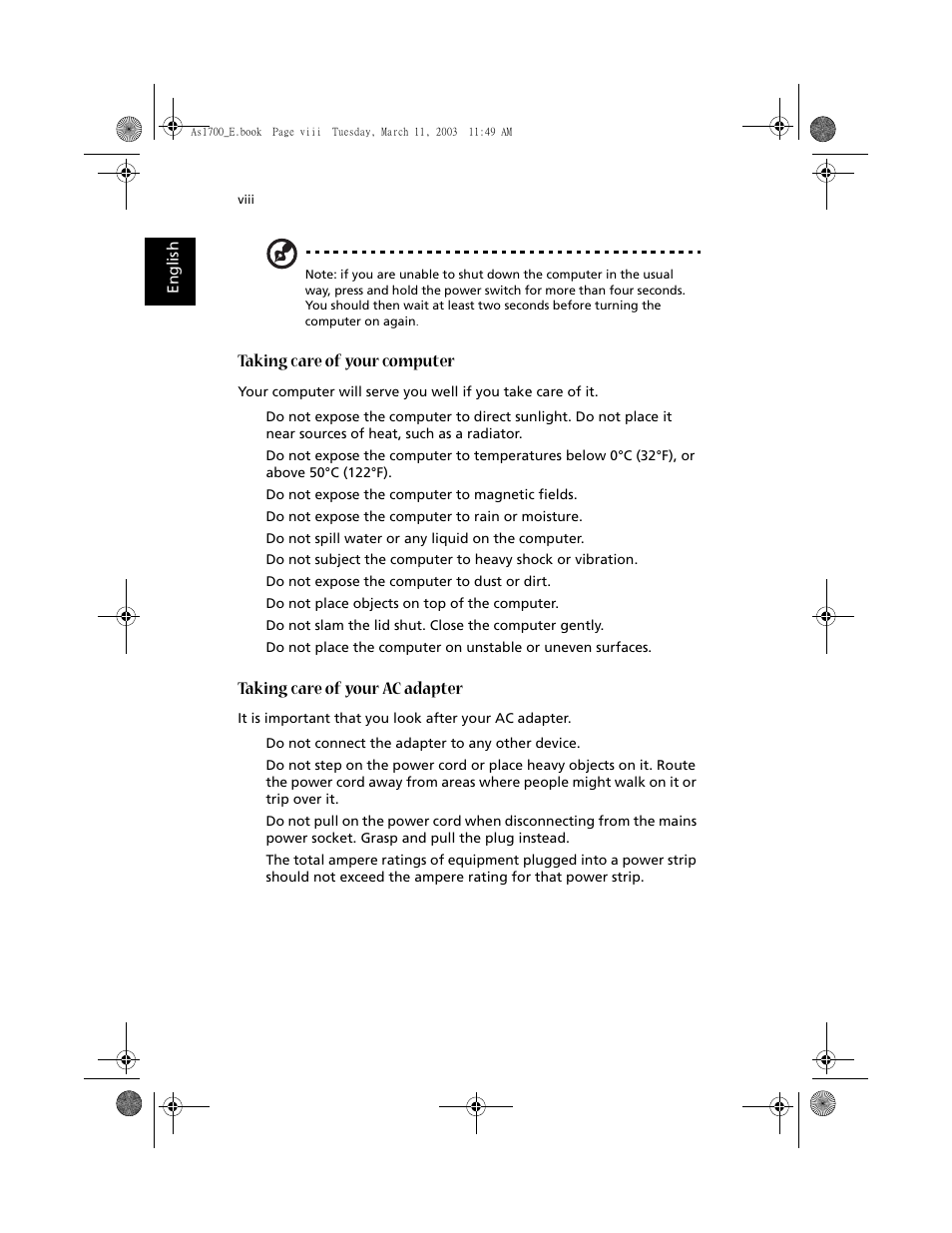 Taking care of your computer, Taking care of your ac adapter | Acer 1700 User Manual | Page 8 / 103