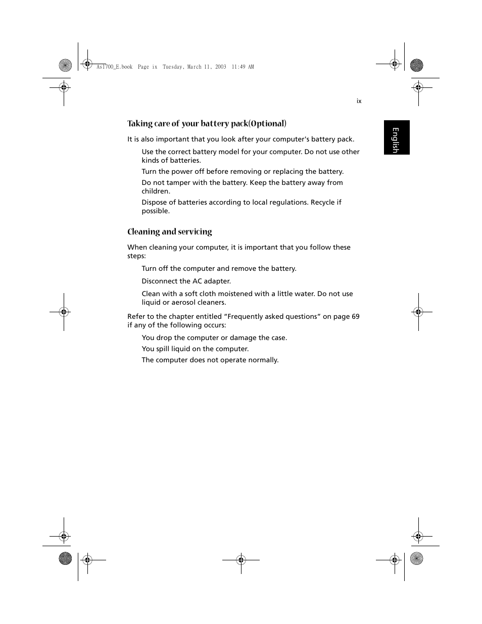 Taking care of your battery pack(optional), Cleaning and servicing | Acer 1700 User Manual | Page 9 / 103