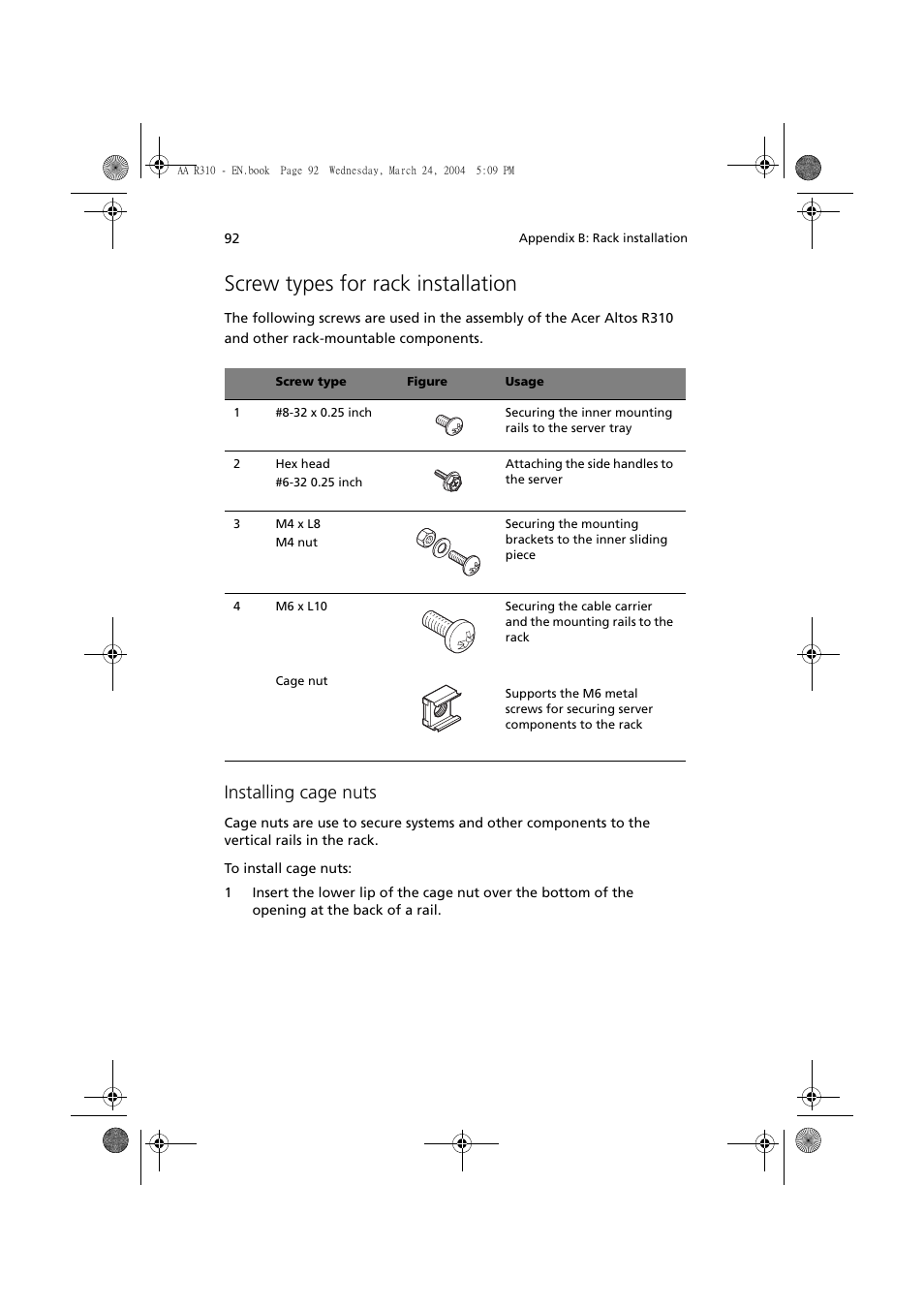 Screw types for rack installation, Installing cage nuts | Acer Altos R310 User Manual | Page 102 / 122