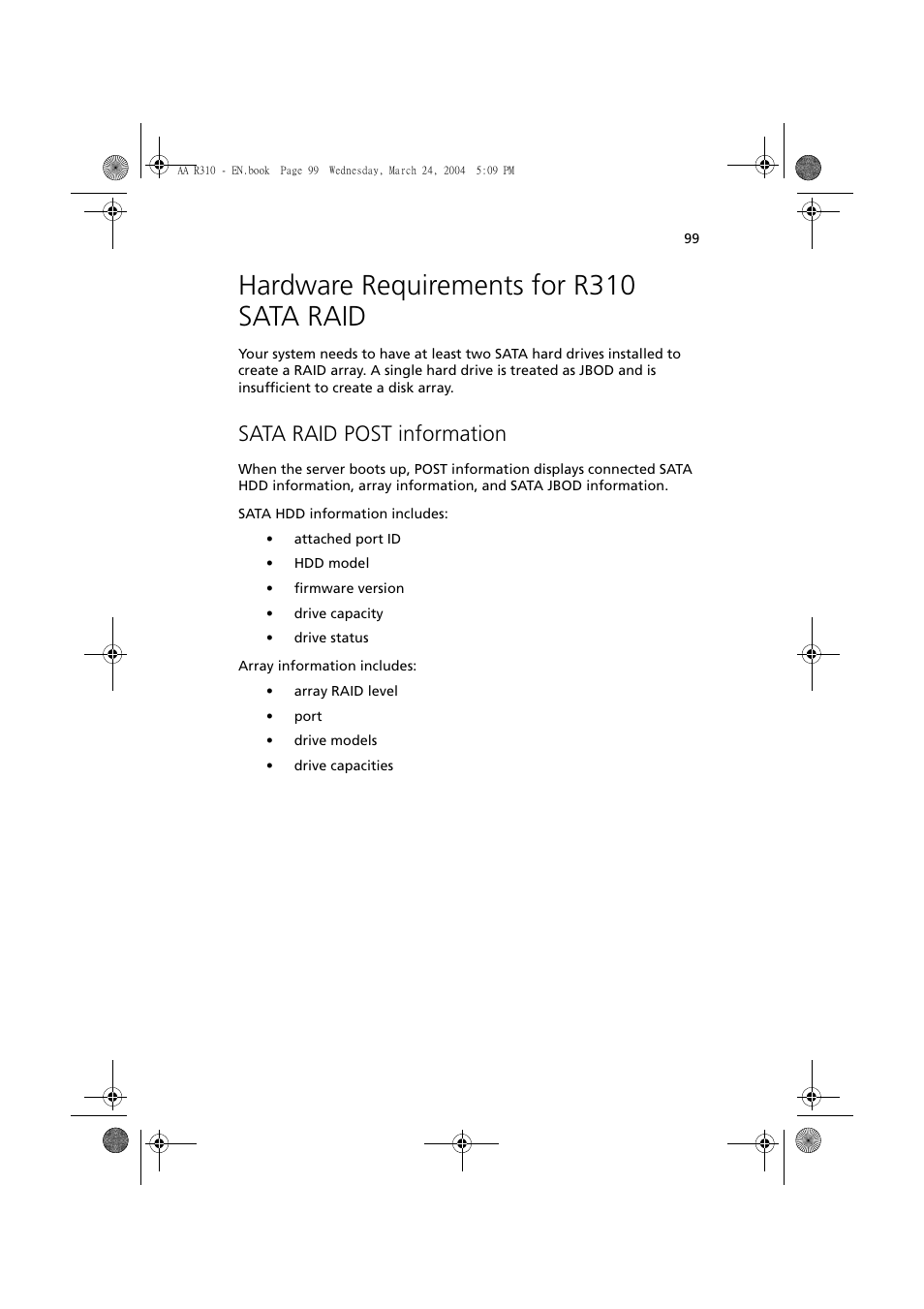 Hardware requirements for r310 sata raid, Sata raid post information | Acer Altos R310 User Manual | Page 109 / 122