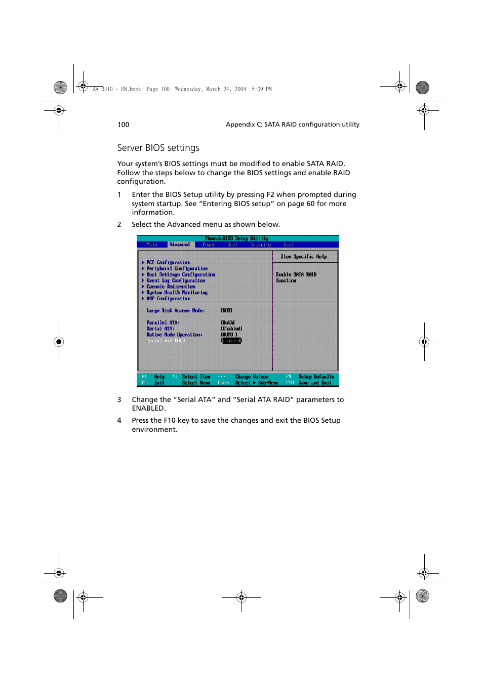 Server bios settings | Acer Altos R310 User Manual | Page 110 / 122
