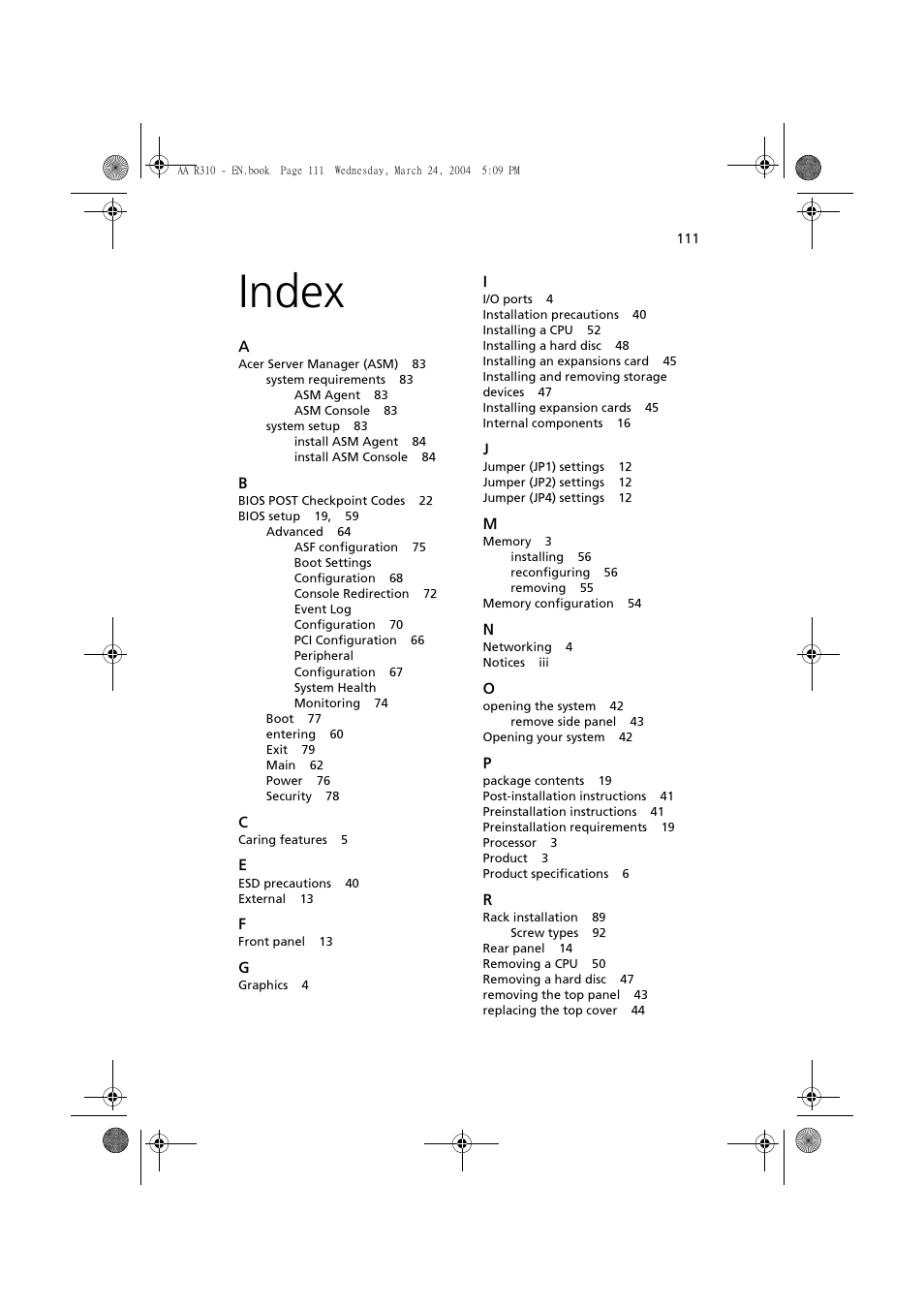 Index, Index 111 | Acer Altos R310 User Manual | Page 121 / 122