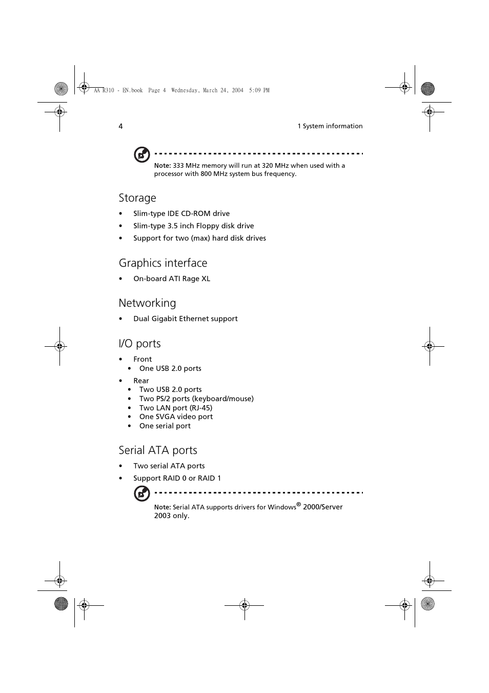 Storage, Graphics interface, Networking | I/o ports, Serial ata ports | Acer Altos R310 User Manual | Page 14 / 122