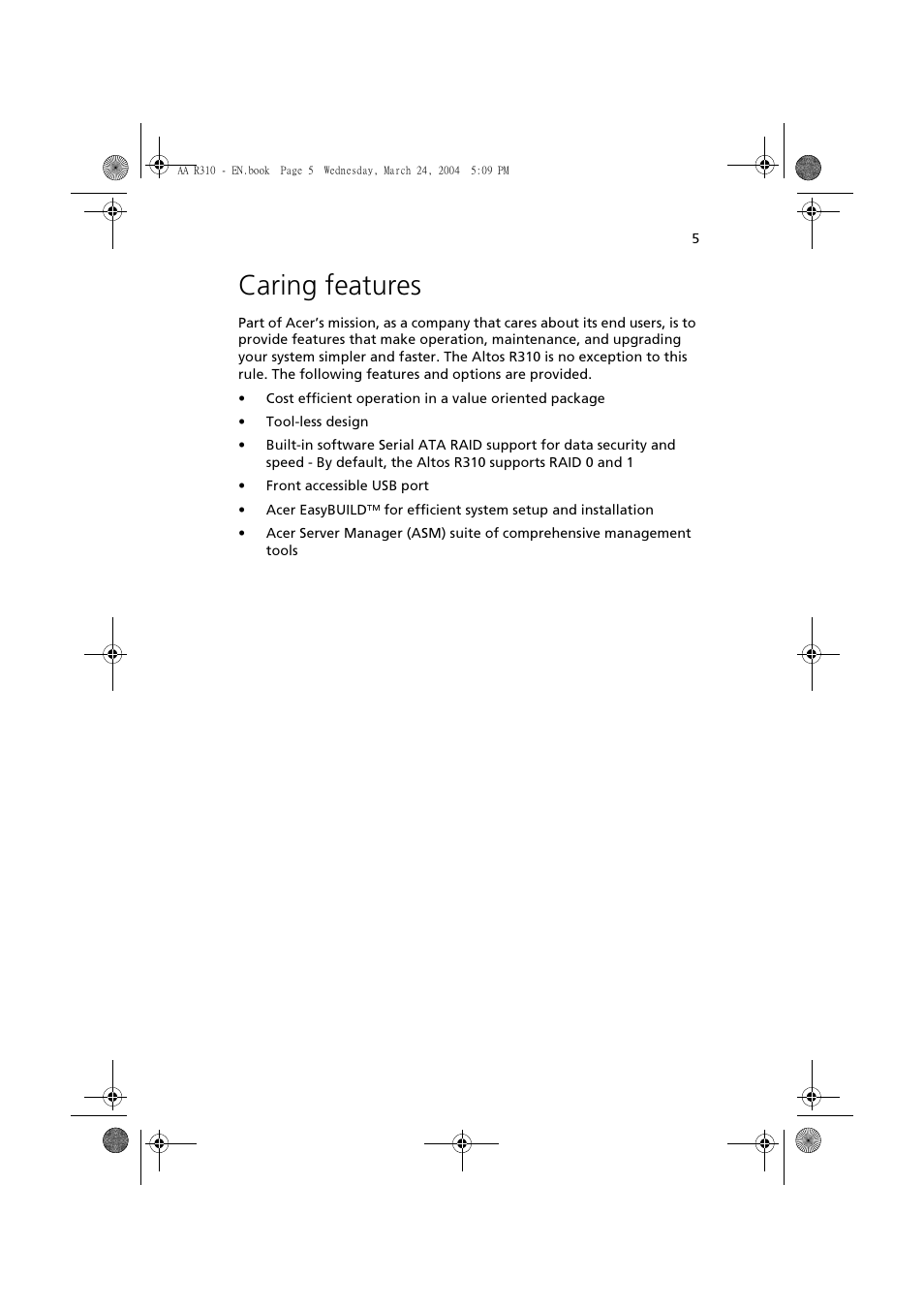 Caring features | Acer Altos R310 User Manual | Page 15 / 122