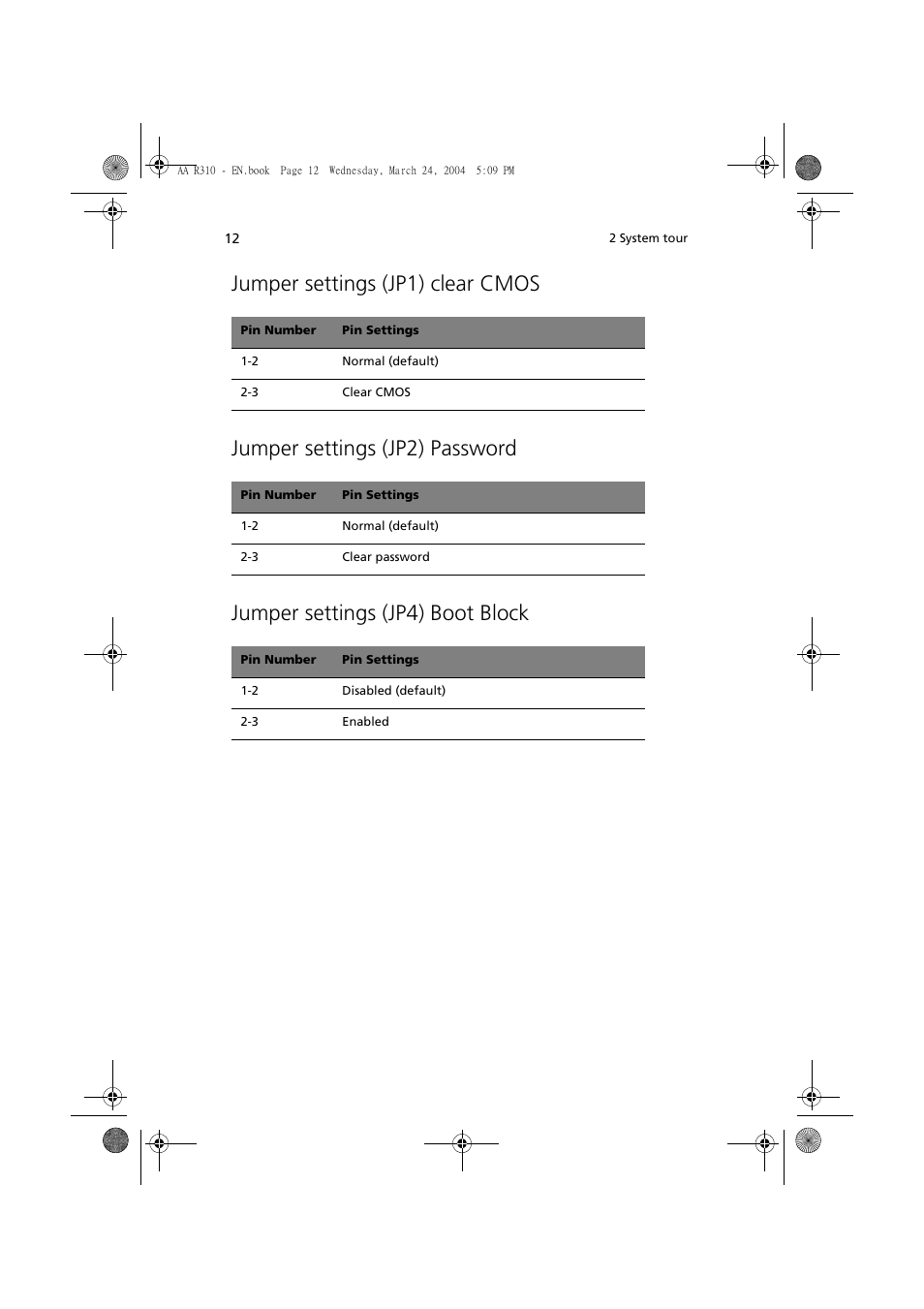 Jumper settings (jp1) clear cmos, Jumper settings (jp2) password, Jumper settings (jp4) boot block | Acer Altos R310 User Manual | Page 22 / 122