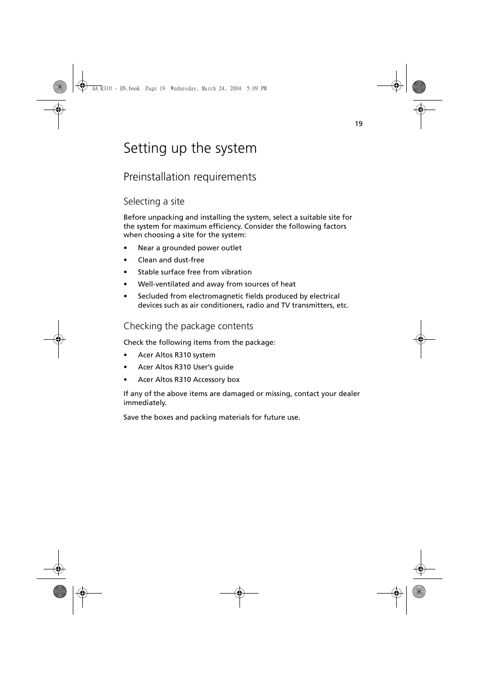 Setting up the system, Preinstallation requirements, Selecting a site | Checking the package contents | Acer Altos R310 User Manual | Page 29 / 122