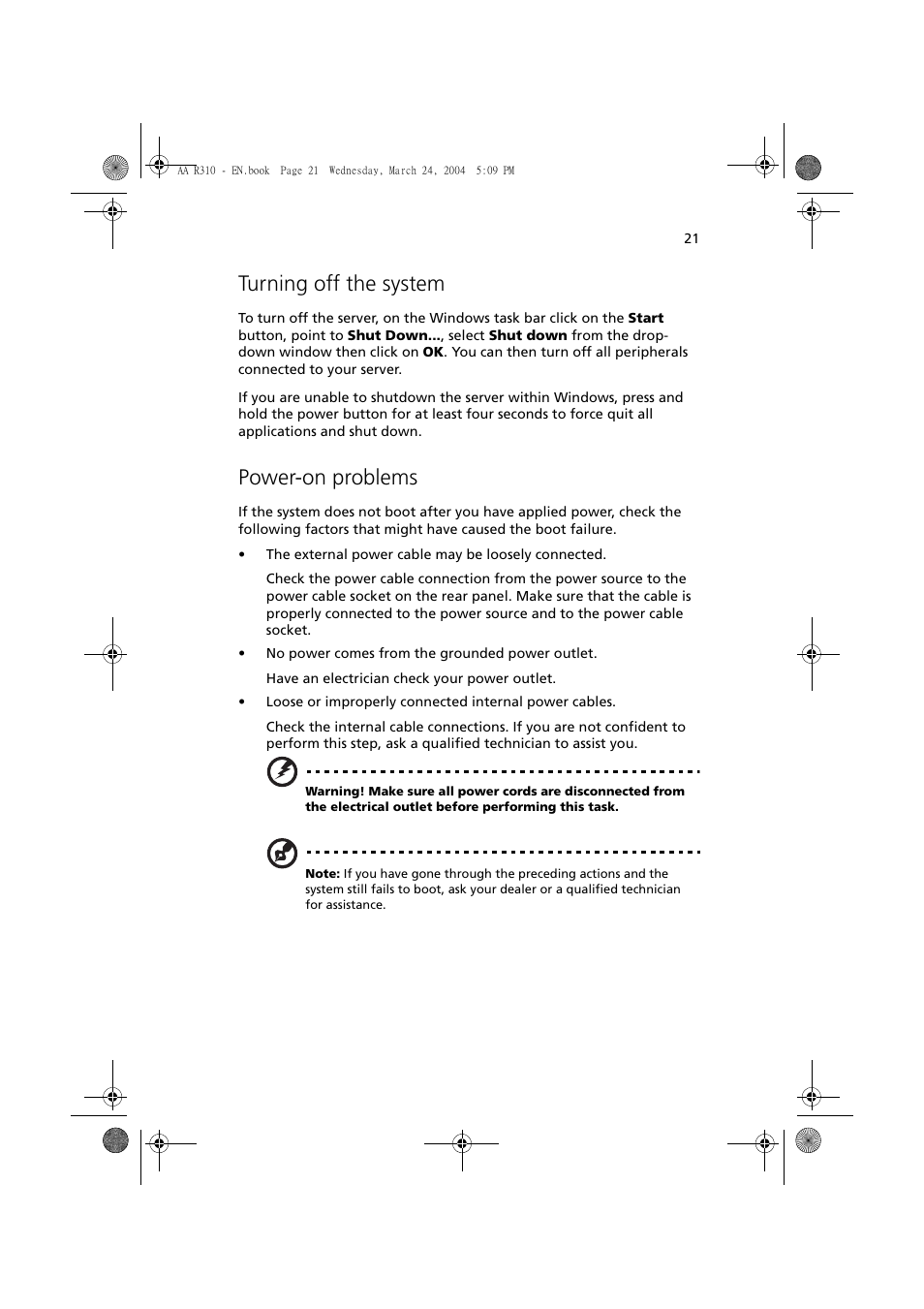 Turning off the system, Power-on problems | Acer Altos R310 User Manual | Page 31 / 122