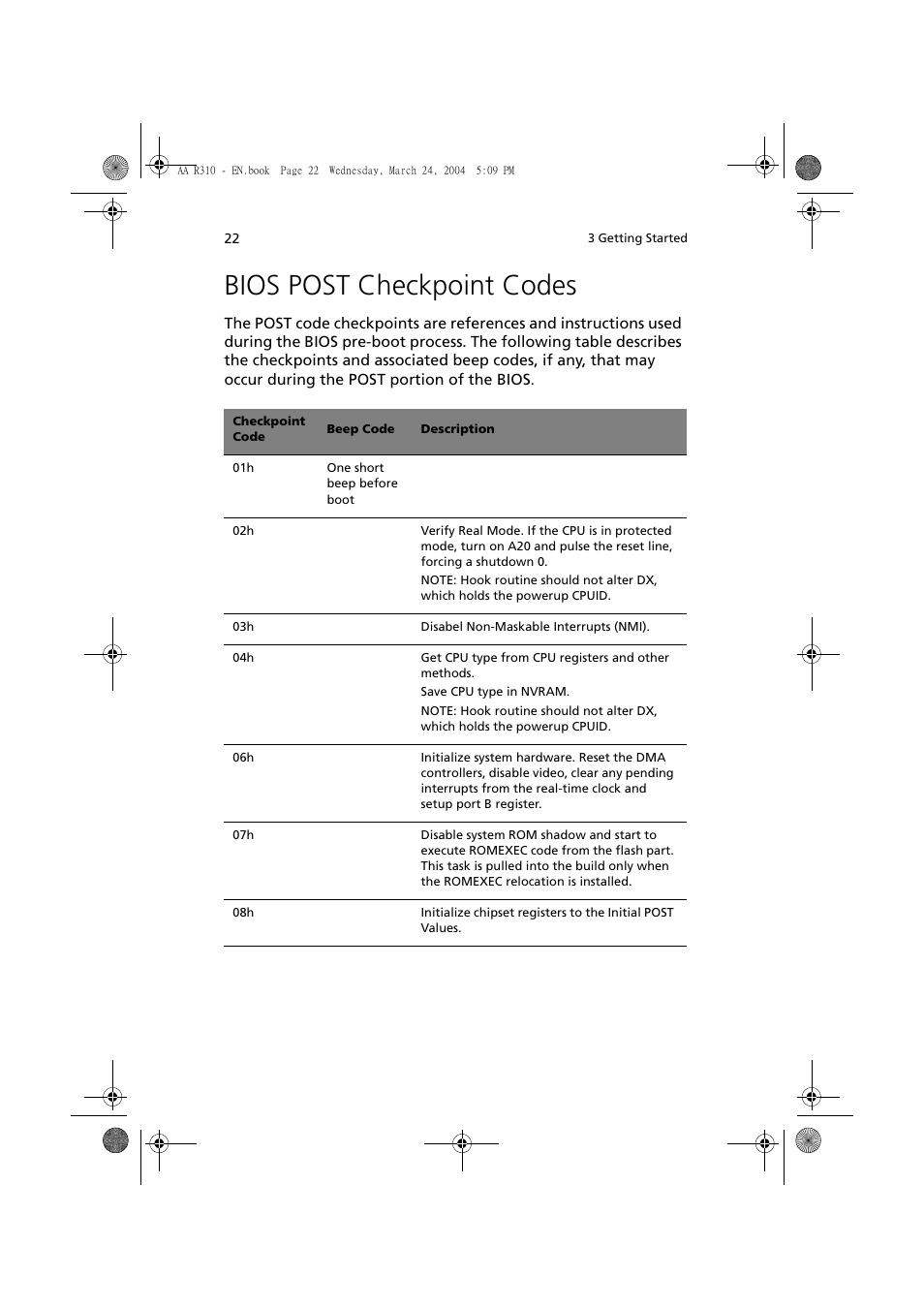 Bios post checkpoint codes | Acer Altos R310 User Manual | Page 32 / 122