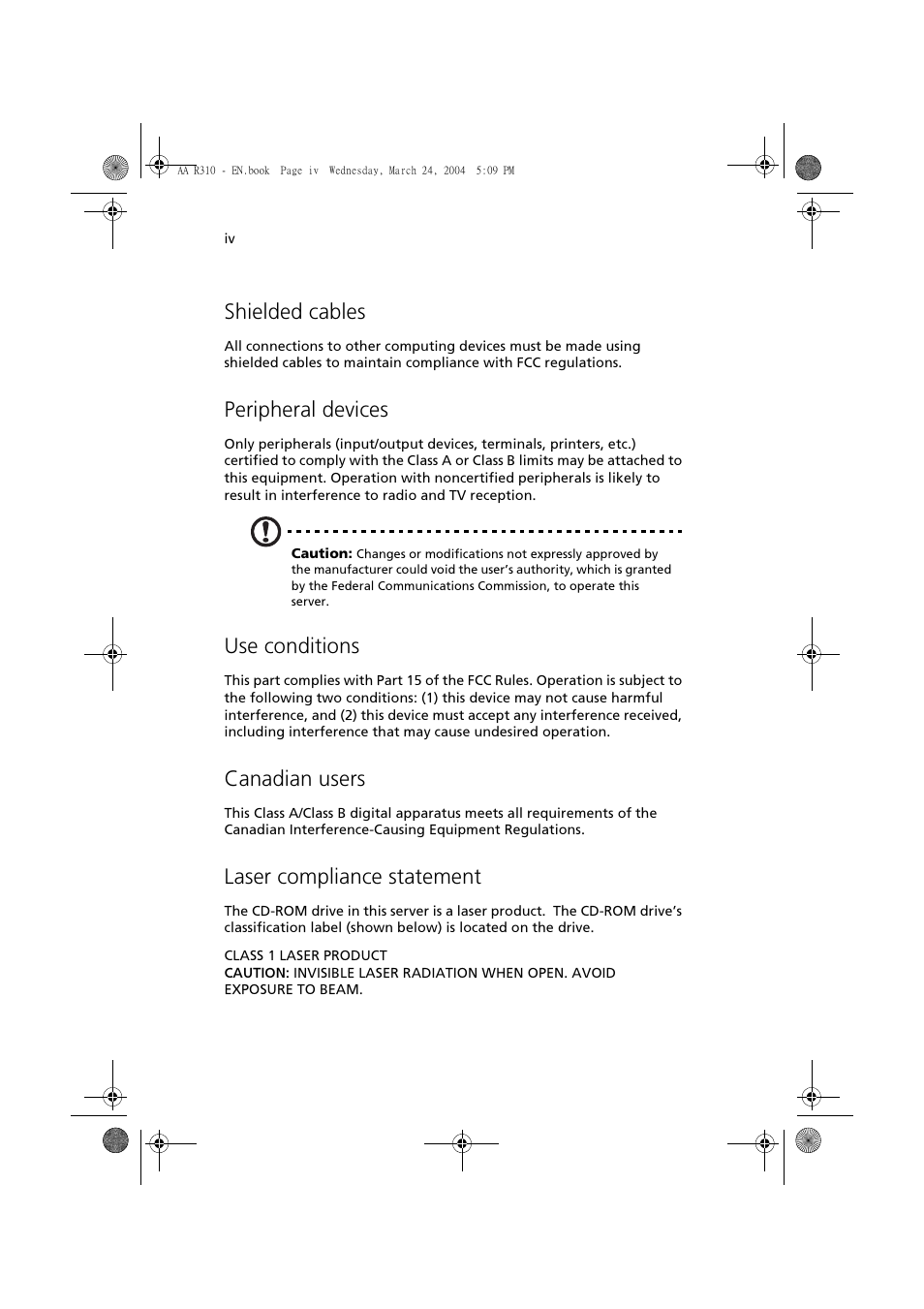 Shielded cables, Peripheral devices, Use conditions | Canadian users, Laser compliance statement | Acer Altos R310 User Manual | Page 4 / 122
