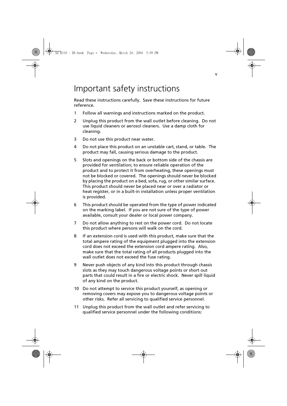 Important safety instructions | Acer Altos R310 User Manual | Page 5 / 122