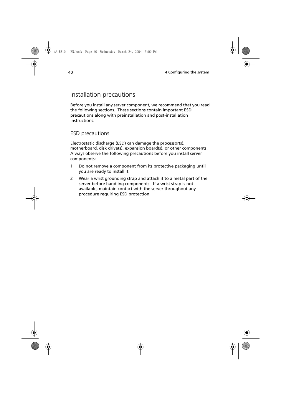 Installation precautions, Esd precautions | Acer Altos R310 User Manual | Page 50 / 122