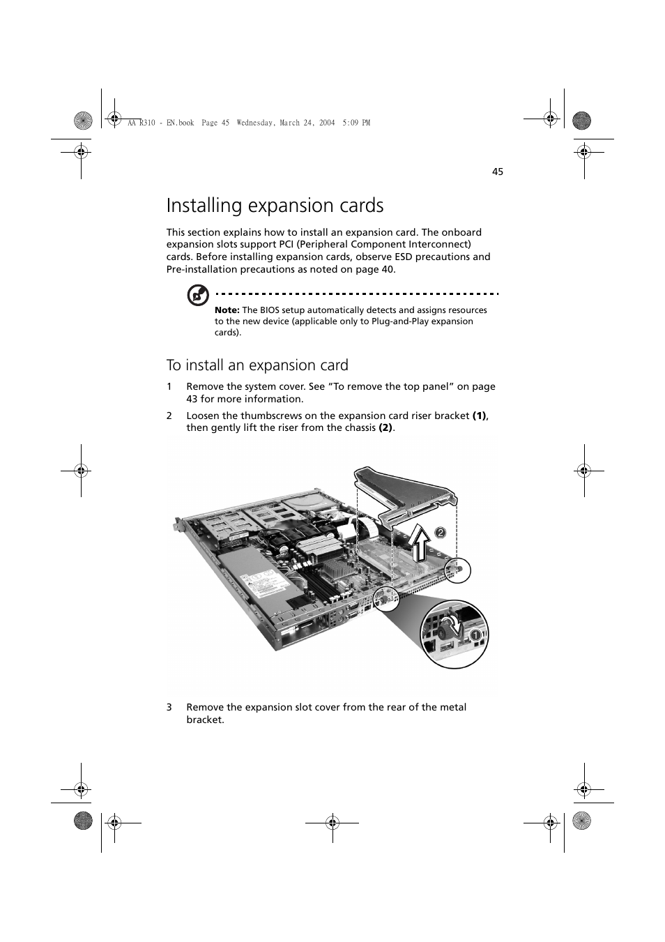 Installing expansion cards, To install an expansion card | Acer Altos R310 User Manual | Page 55 / 122