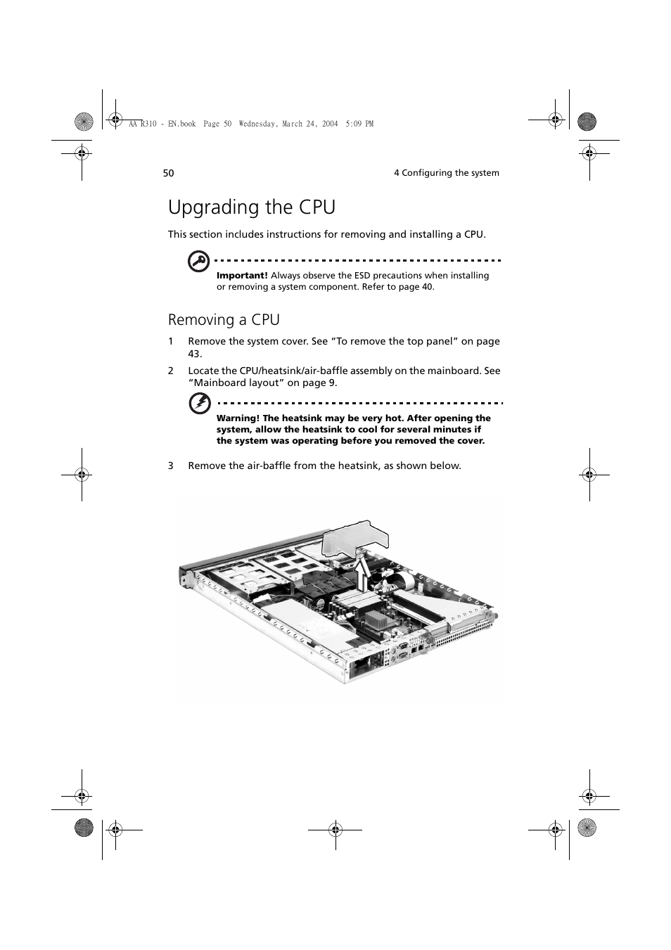 Upgrading the cpu, Removing a cpu | Acer Altos R310 User Manual | Page 60 / 122