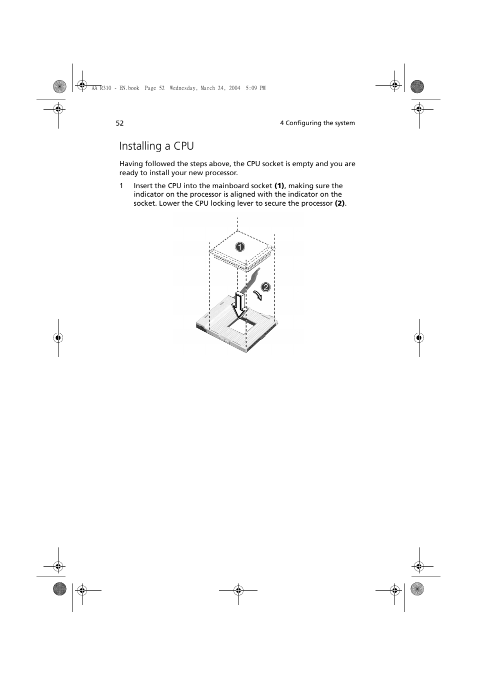 Installing a cpu | Acer Altos R310 User Manual | Page 62 / 122