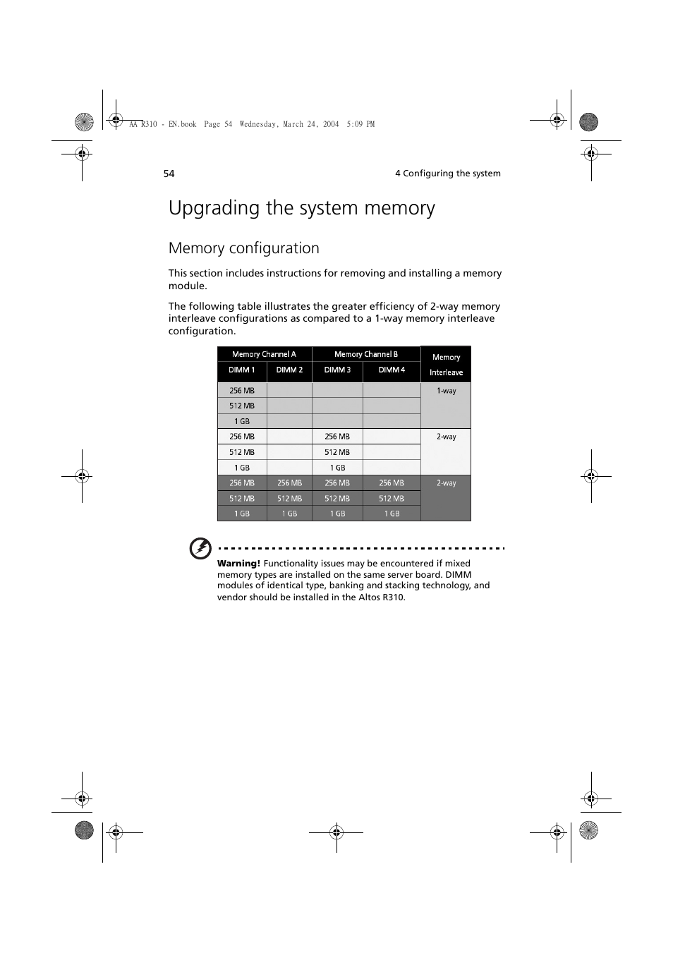 Upgrading the system memory, Memory configuration | Acer Altos R310 User Manual | Page 64 / 122