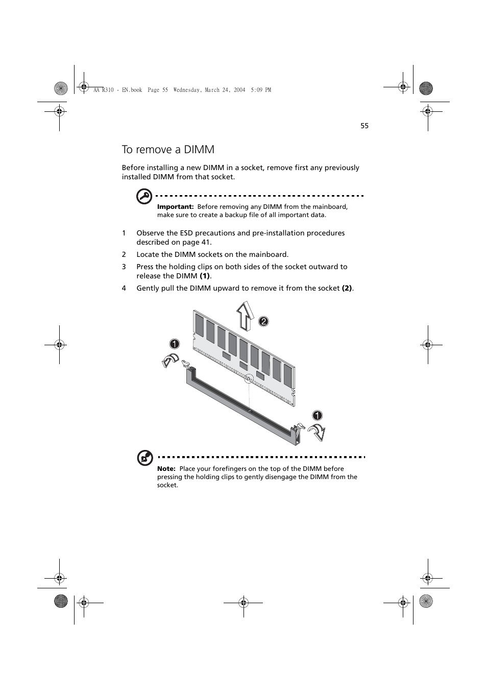 To remove a dimm | Acer Altos R310 User Manual | Page 65 / 122