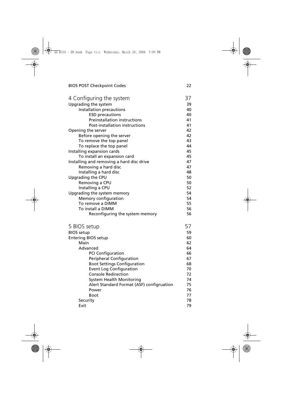 4 configuring the system 37, 5 bios setup 57 | Acer Altos R310 User Manual | Page 8 / 122