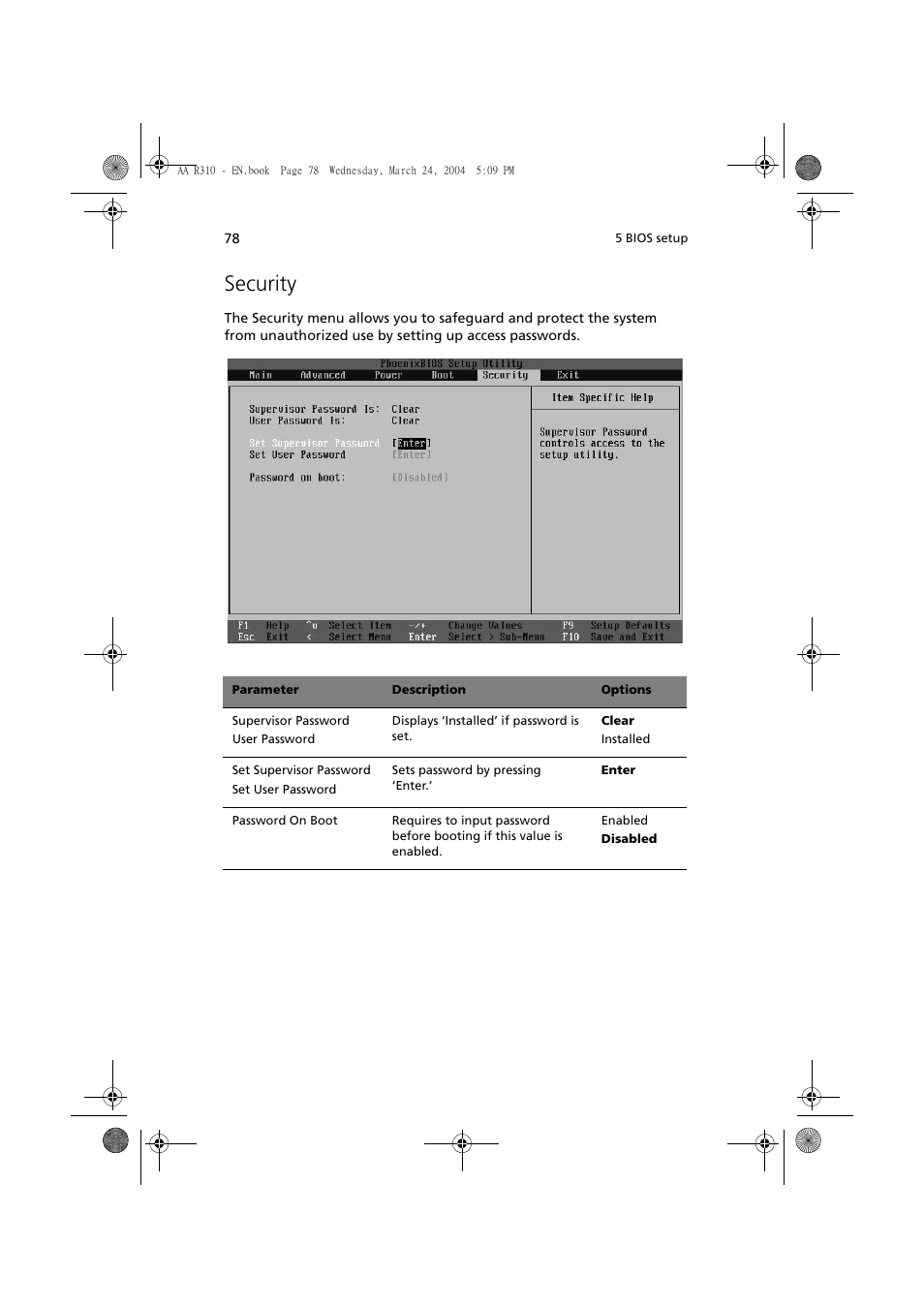 Security | Acer Altos R310 User Manual | Page 88 / 122