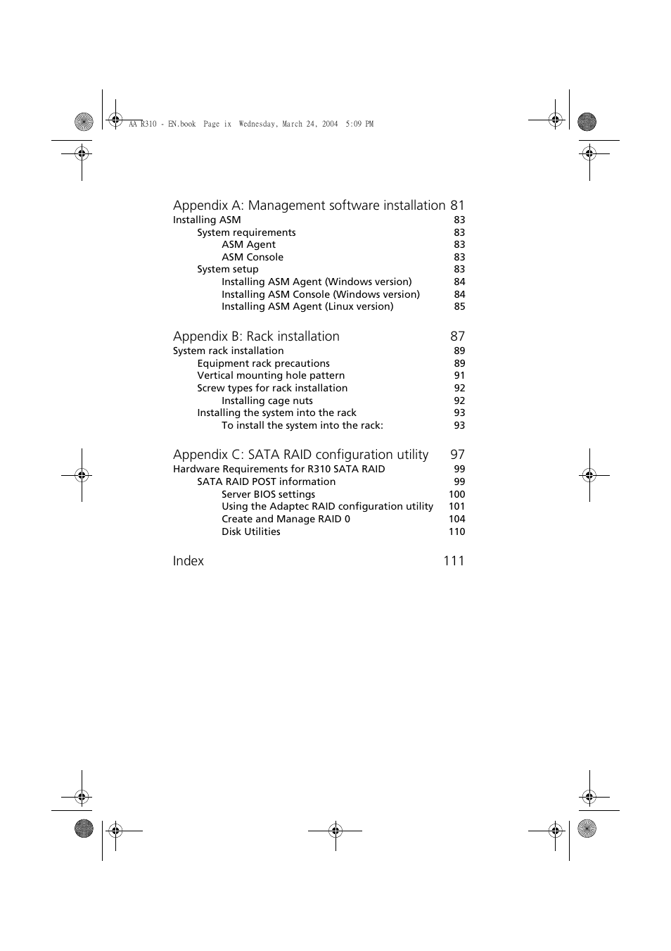 Appendix a: management software installation 81, Appendix b: rack installation 87, Appendix c: sata raid configuration utility 97 | Index 111 | Acer Altos R310 User Manual | Page 9 / 122